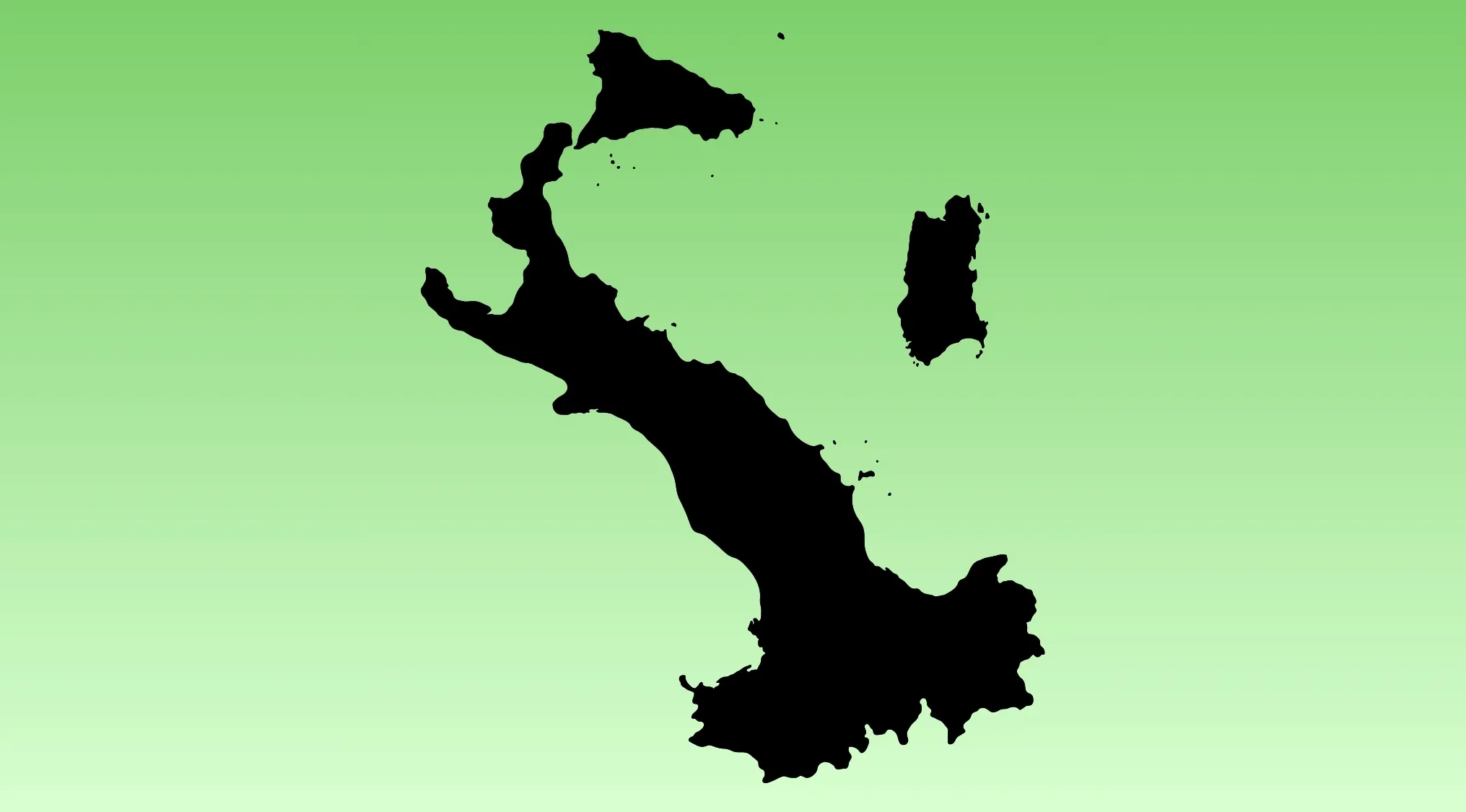 A black silhouette of a rotated country map outline on a light green background. Geography Challenge: Guess The Country.