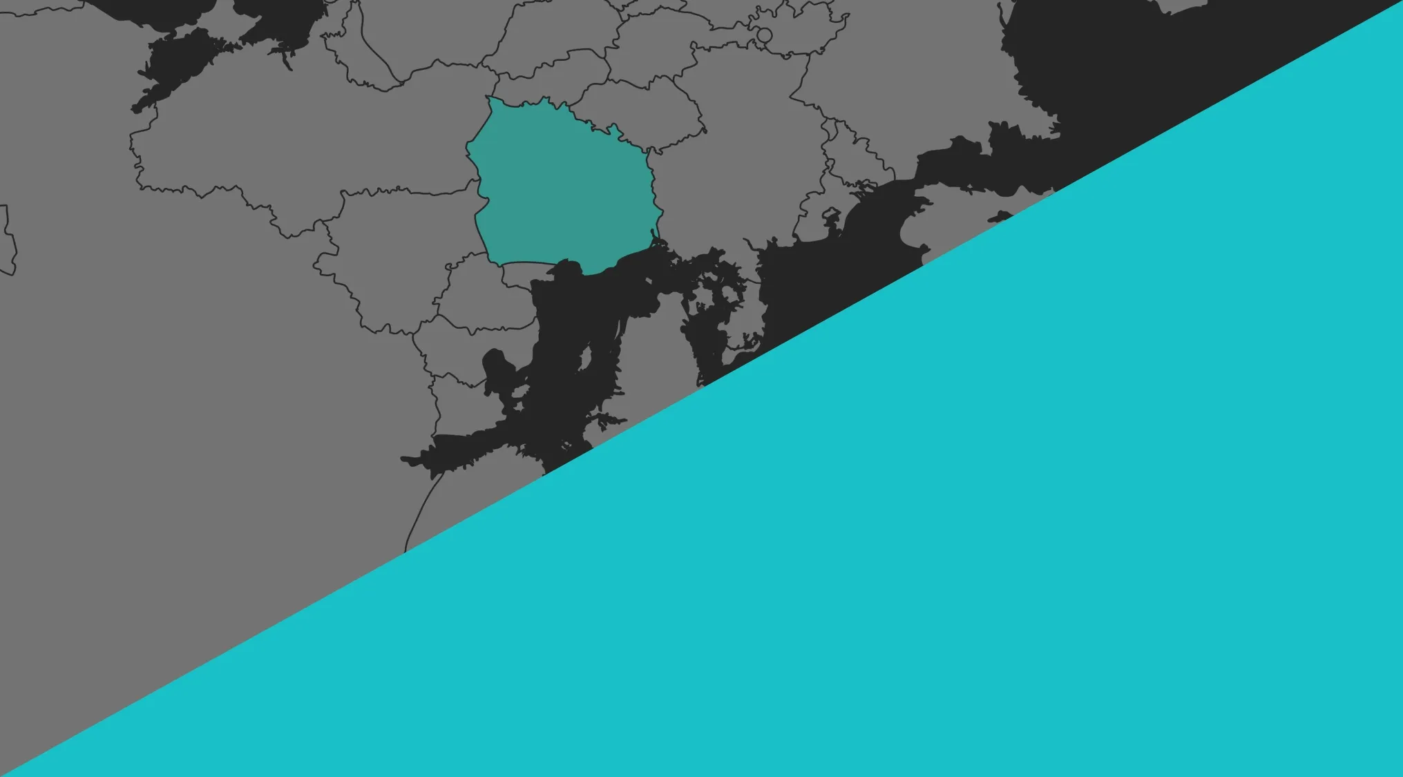 A rotated map with one country highlighted in teal, surrounded by gray borders. A geography challenge to guess the country.
