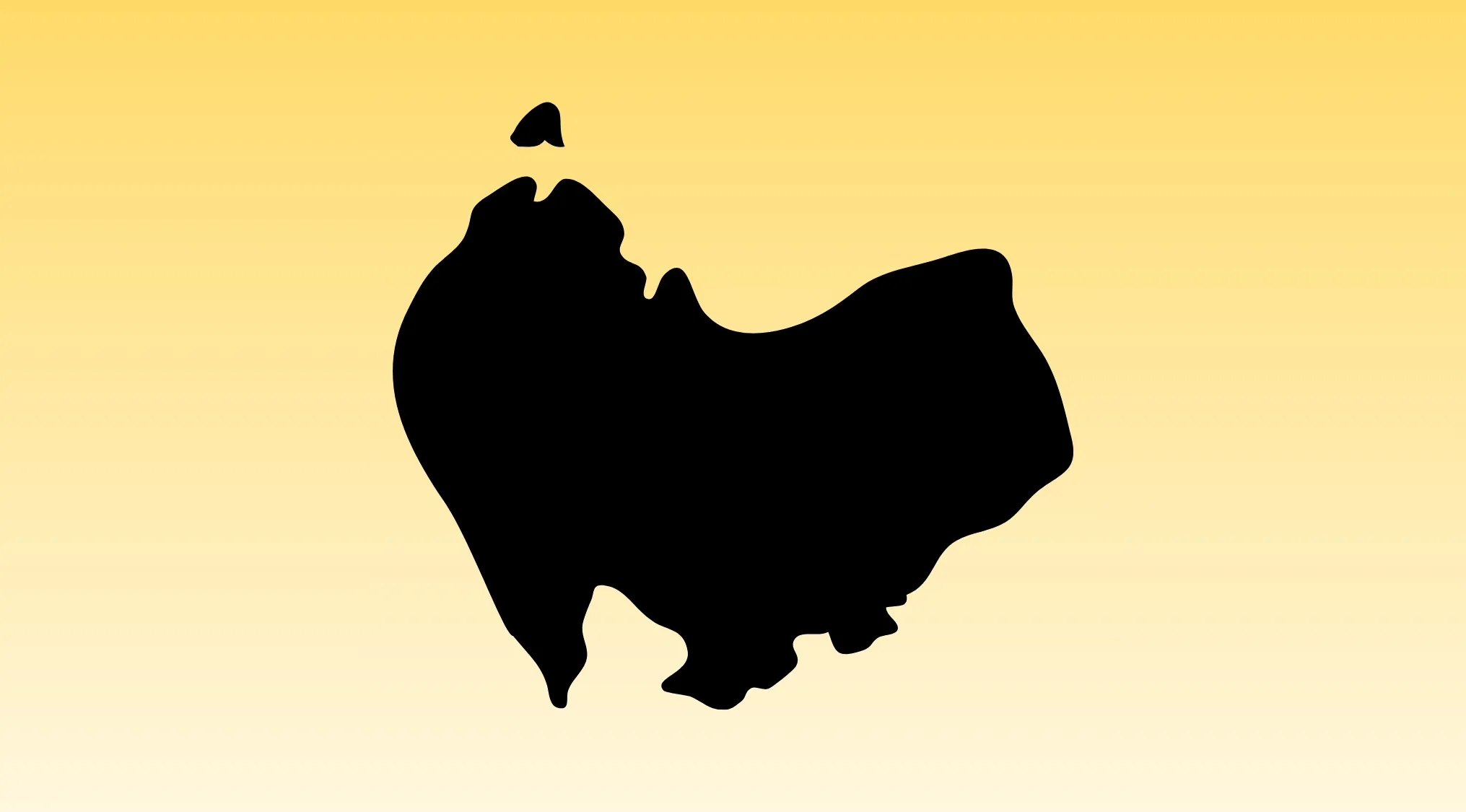 A black, rotated, abstract outline map against a yellow-to-white gradient background. Geography Challenge: Guess The Country.