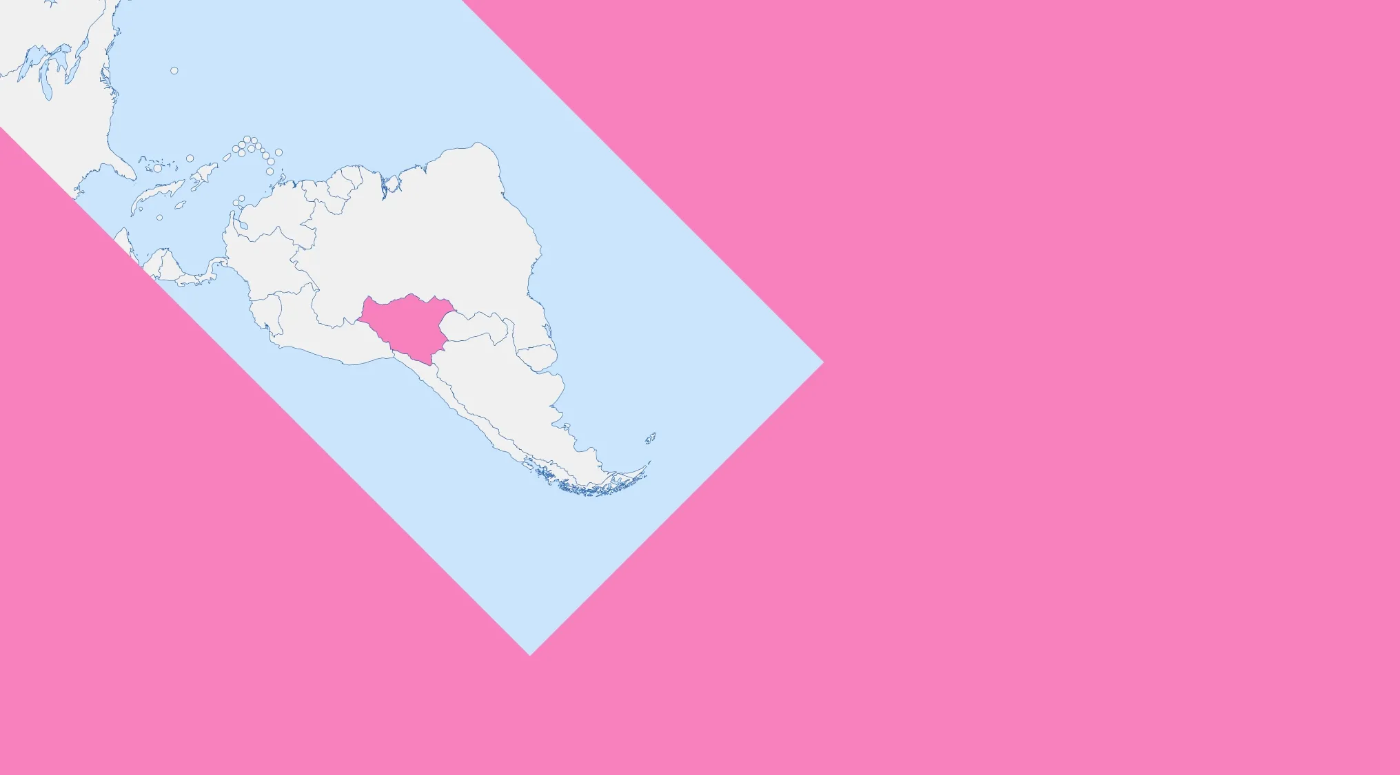 A Geography Challenge map showing a highlighted country in pink within South America, on a pink background. Guess the country.