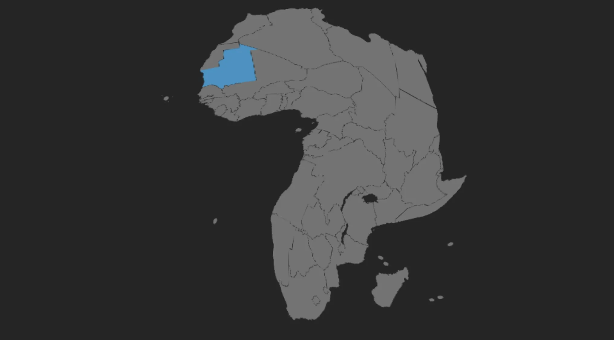 Map of Africa with a Northwest African country, Mauritania, highlighted in blue, for a Geography Challenge.