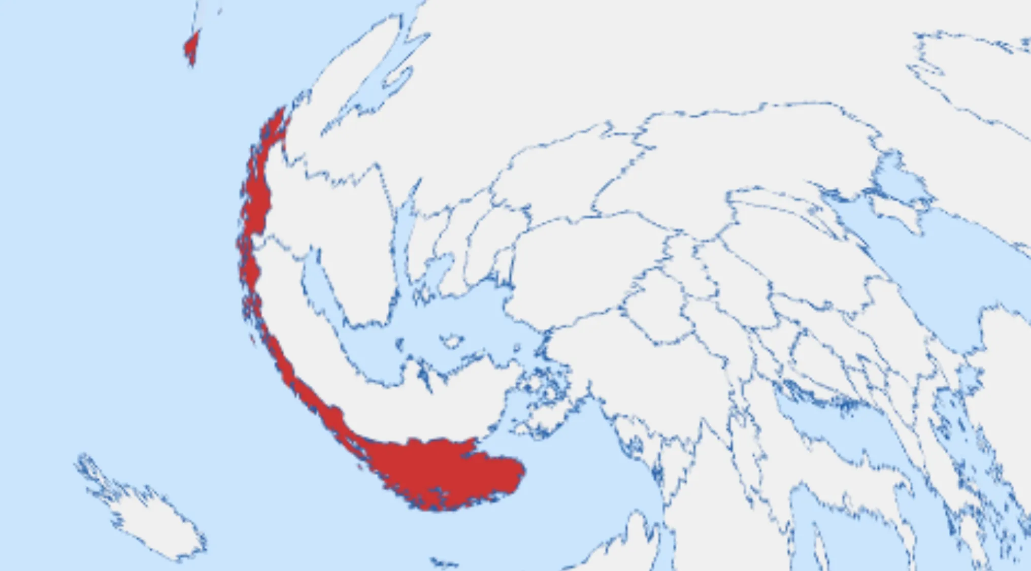 A geography challenge map showing part of the world, with a long, thin country highlighted in red. Guess the country.