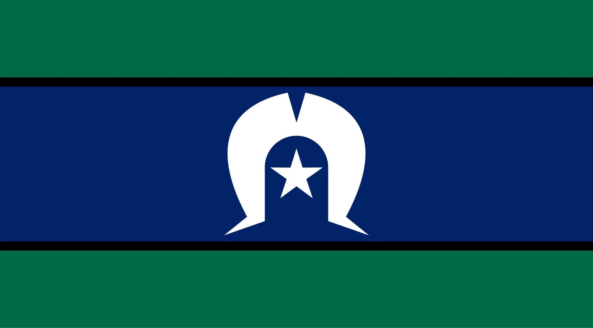 The Torres Strait Islander Flag, with its green and blue stripes, black line, and central white star, represents Australian Citizenship.