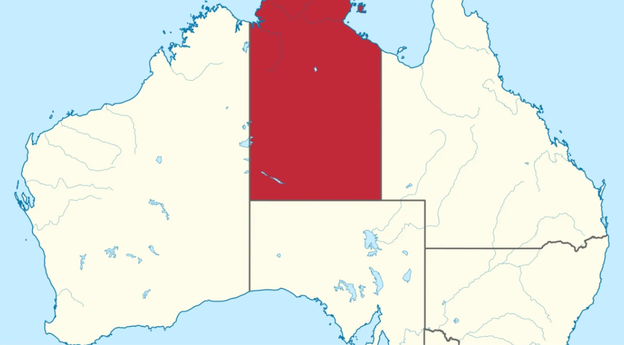 A map of Australia with the Northern Territory highlighted in red, important for Australian Citizenship questions.