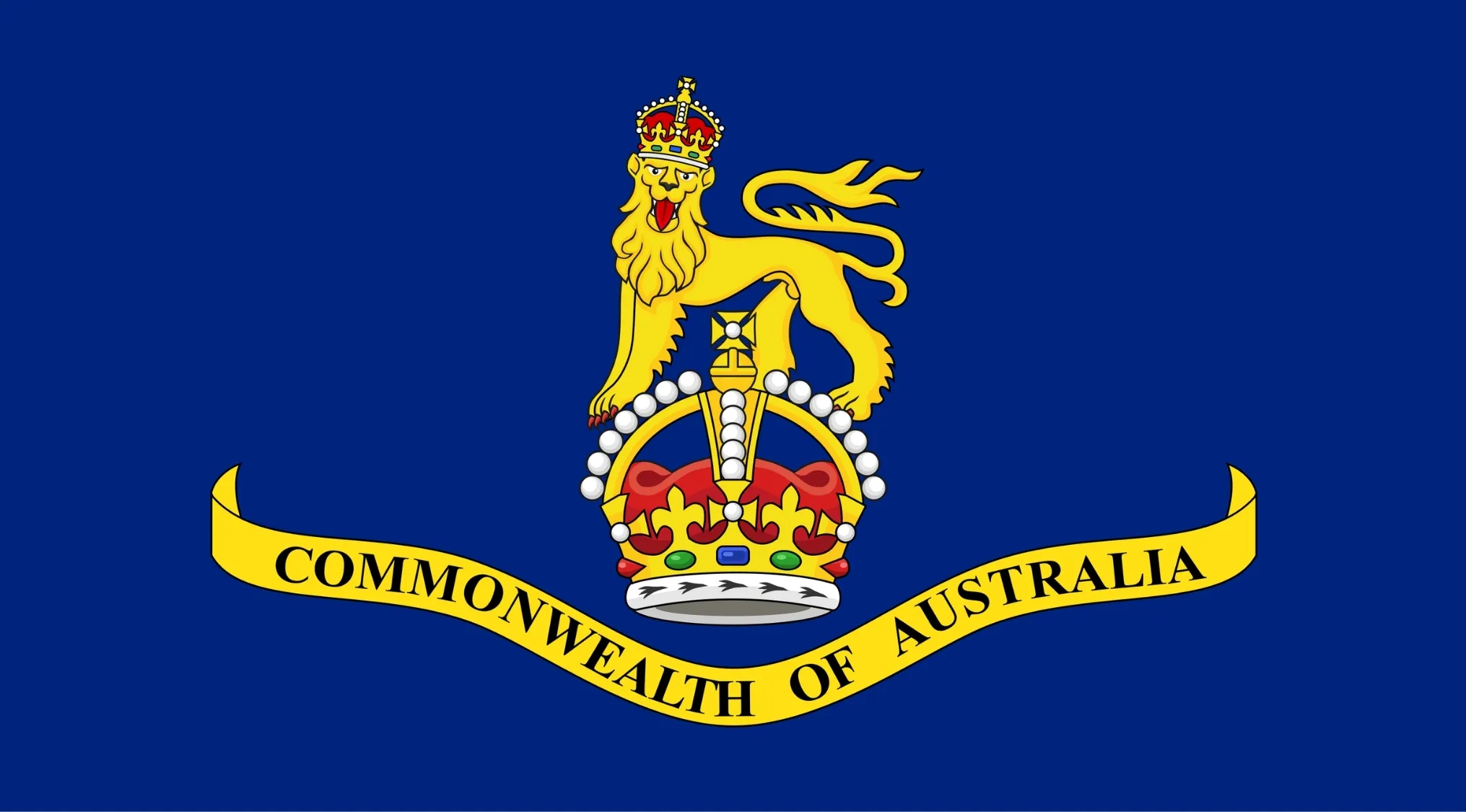 Flag of the Governor-General of Australia. Royal crest on blue background with Commonwealth of Australia banner. Australian Citizenship info.