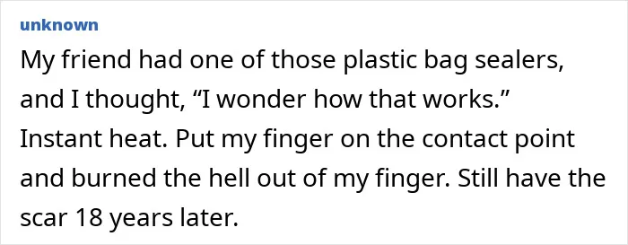 Text screenshot of a story about a plastic bag sealer causing a finger burn, part of stupid injury stories collection.
