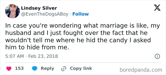 Marriage humor about couple fighting over hidden candy