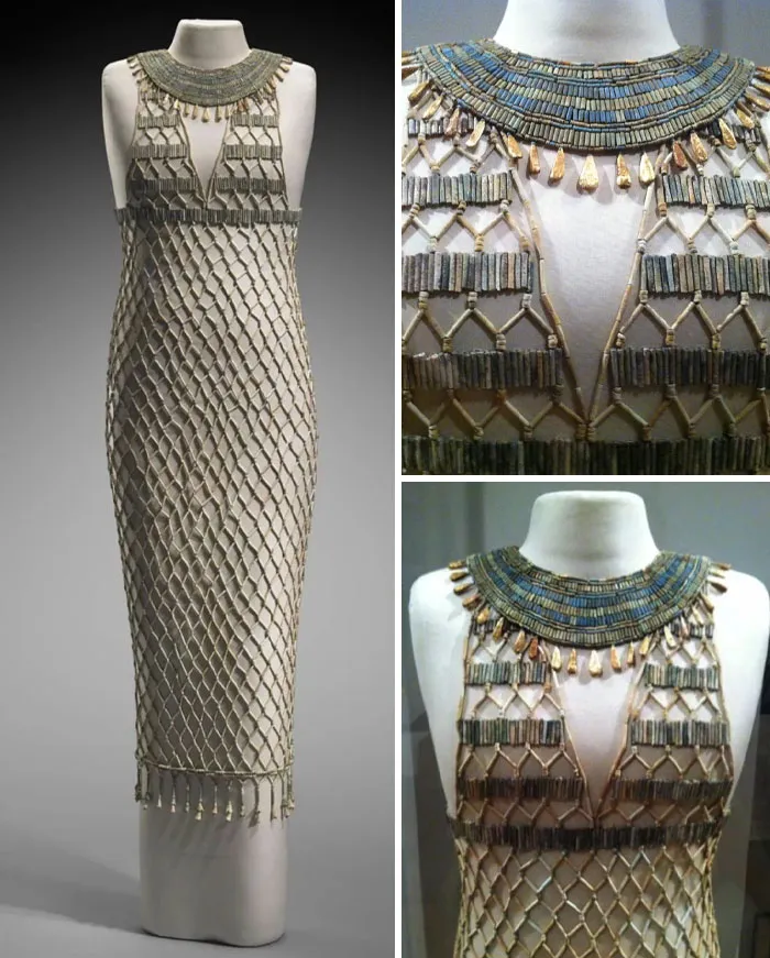 Un vestido egipcio de 4500 años de antigüedad encontrado en una tumba de Giza, hecho con más de 7000 cuentas.
