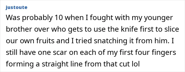 Text post about a person’s tough and painful injury story involving knife cuts on their fingers from childhood.