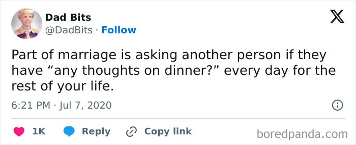 Marriage daily life tweet about asking thoughts on dinner every day