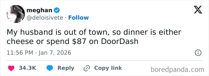 Marriage humor about dinner choices with husband out of town
