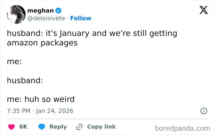 Funny married life tweet about getting unexpected Amazon packages in January