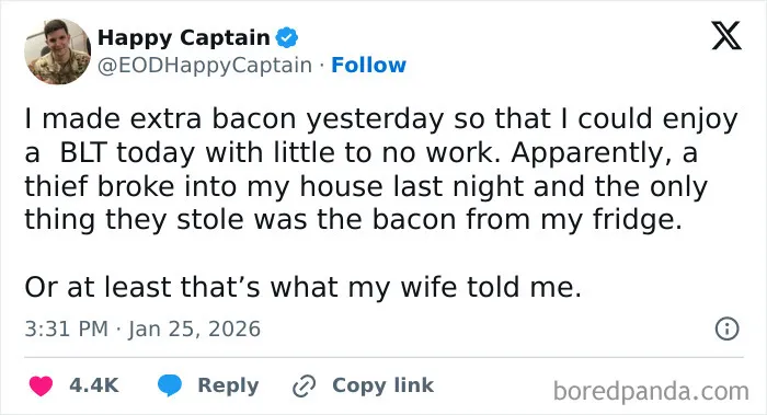 Witty married tweet about bacon stolen from fridge by wife