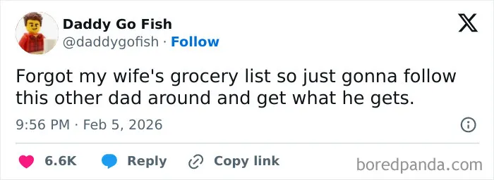 Funny married life tweet about forgetting grocery list and following another dad