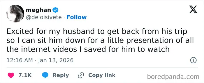 Humorous marriage tweet about showing husband saved internet videos after trip