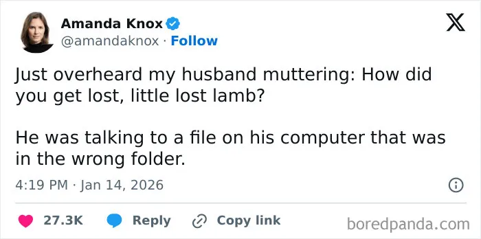 Funny married life tweet about husband talking to a lost file on computer
