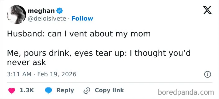 Humorous married life tweet venting about husband's mom with drink