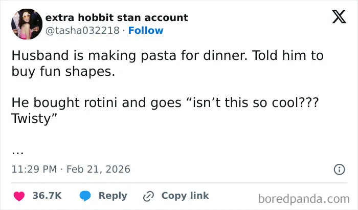 Married life tweet joking about husband buying rotini pasta shapes for dinner