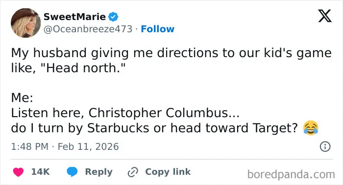 Funny married life tweet about husband giving confusing directions to kid's game