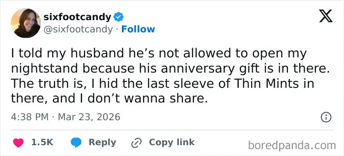 Funny married life tweet about hiding Thin Mints as an anniversary gift in nightstand