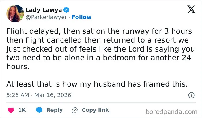 Married couple's humorous tweet about flight delays and needing alone time in bedroom