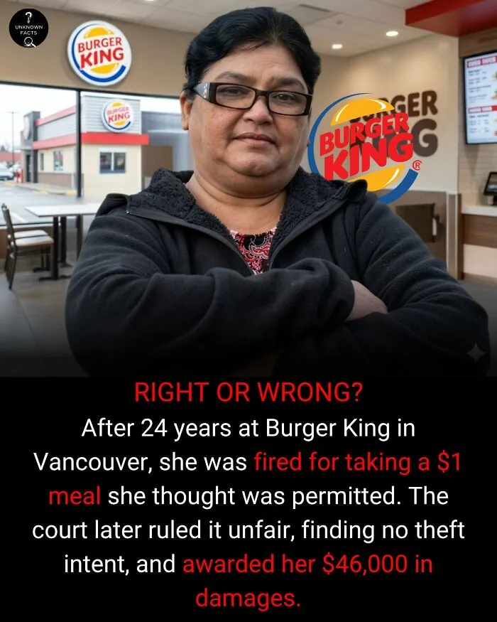 A woman in glasses and a black jacket, an interesting fact about her unfair termination from Burger King.