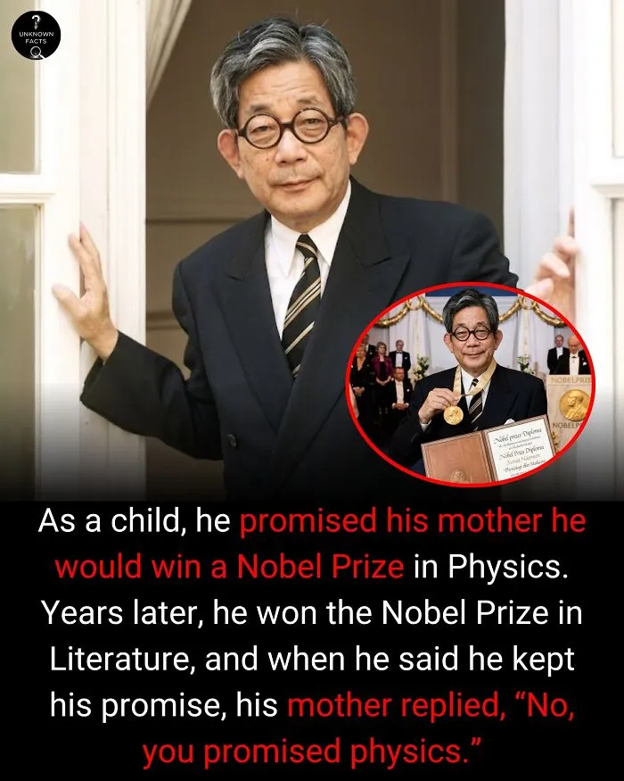 A Nobel Prize winner, wearing round glasses and a suit, with an interesting fact about his mother's promise.