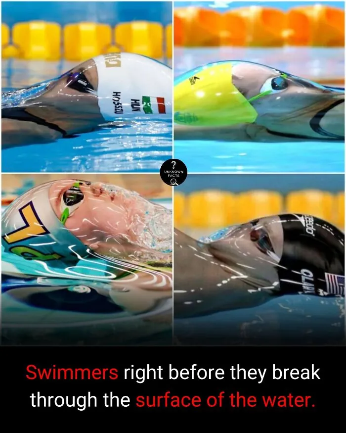 Four captivating images of swimmers underwater just before surfacing, offering interesting facts about sports moments.