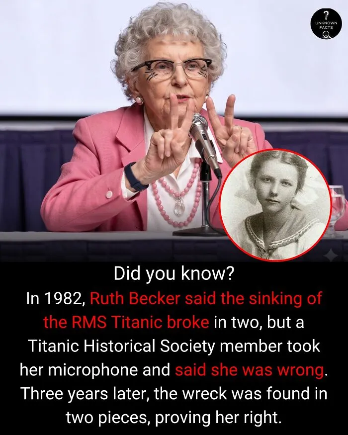 An older woman, Ruth Becker, making a peace sign at a microphone, sharing interesting facts about the Titanic.