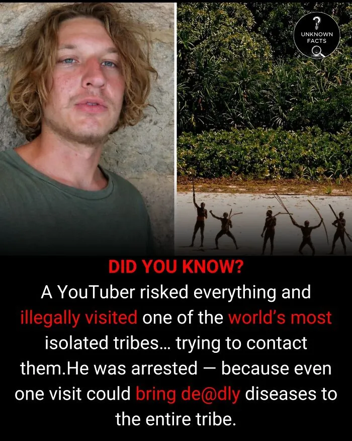 A split image: YouTuber on the left, indigenous tribe on a beach on the right. An interesting fact about their encounter.