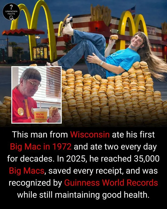 A man with long hair, lying on a mountain of Big Macs outside McDonald's, showcasing interesting facts.