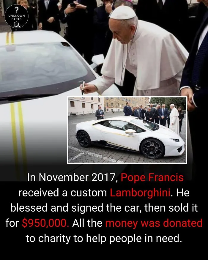 Pope Francis signing a custom white Lamborghini. An interesting fact about charitable donations.