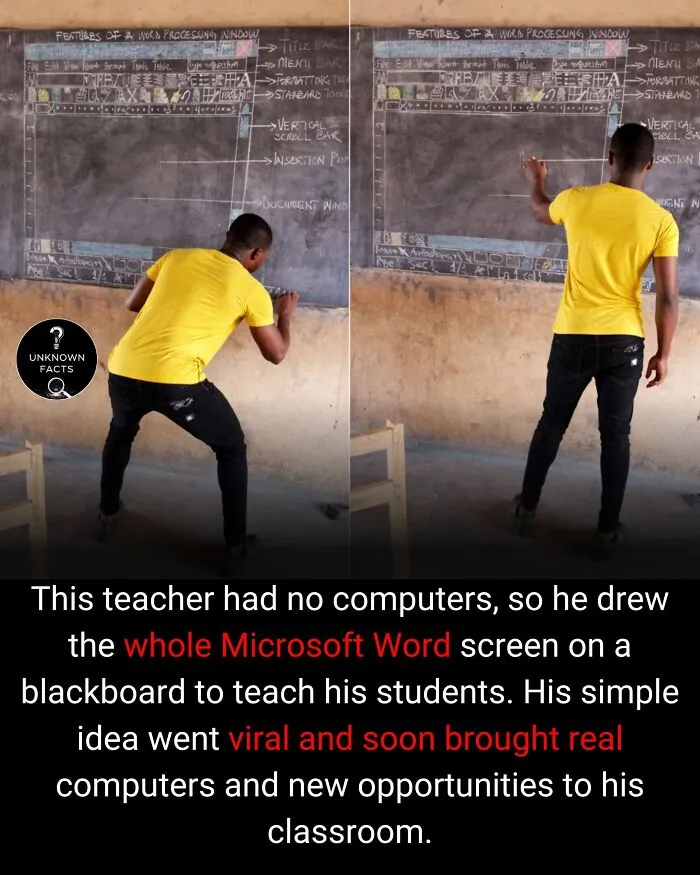 A teacher drawing a Microsoft Word screen on a blackboard to teach, an interesting fact demonstrating ingenuity.