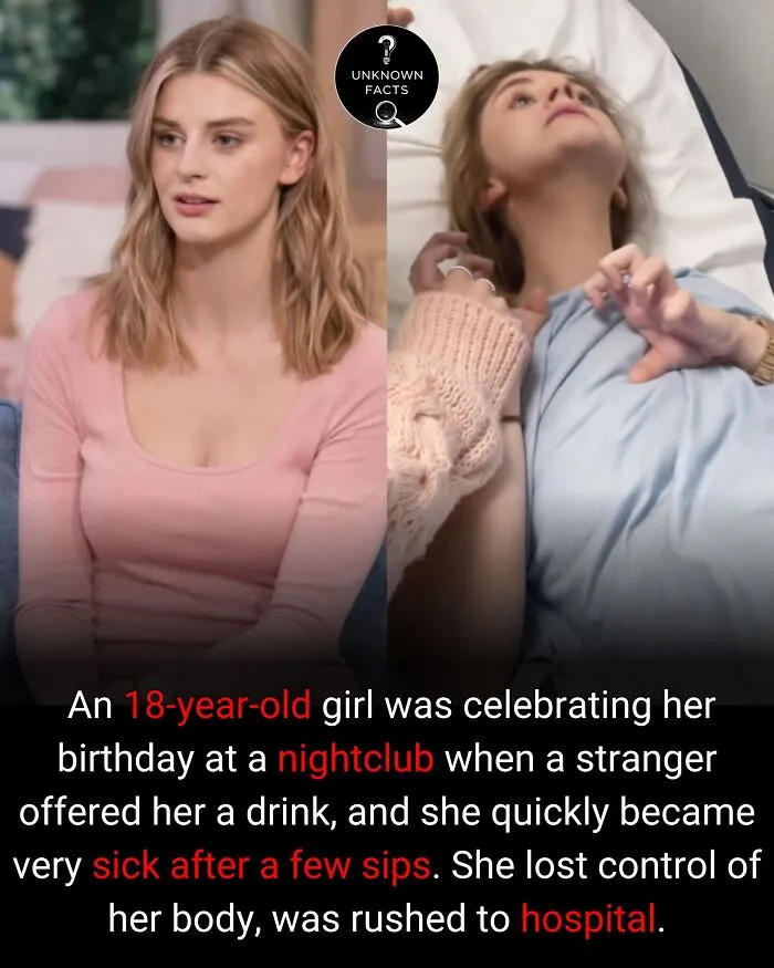 A young woman, before and after being drugged at a nightclub, sharing an interesting fact. The SEO keyword is interesting facts.