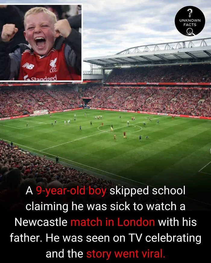 A cheering boy in a red jersey, a crowded soccer stadium, and an interesting story about a skipped school day.