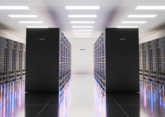 Rows of advanced data servers in a bright room representing scientific theories not yet proven by researchers