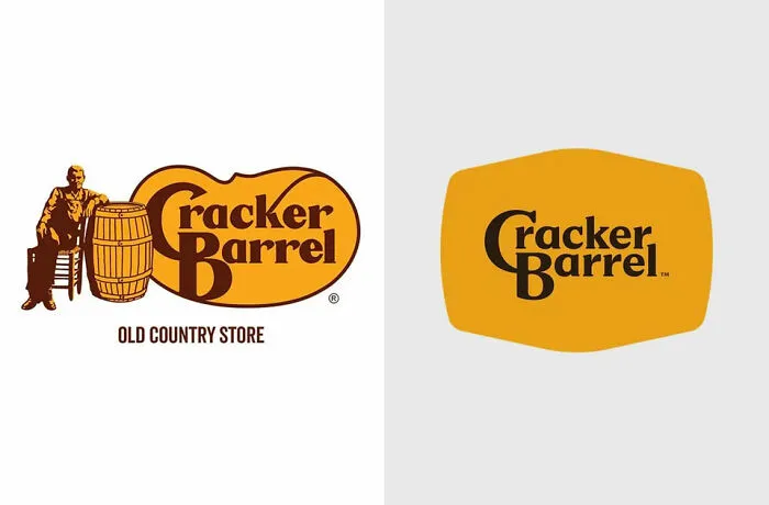 Side-by-side comparison of Cracker Barrel logos illustrating marketing fails and rebranding challenges with big budgets.