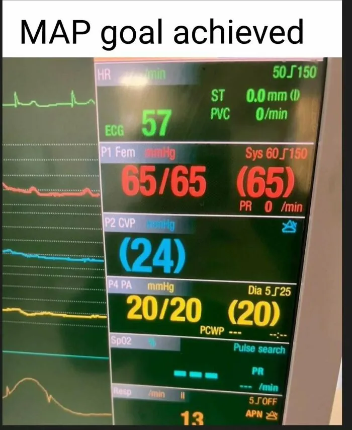 A hospital monitor displaying vital signs with a meme caption "MAP goal achieved," reflecting relatable nurse humor.