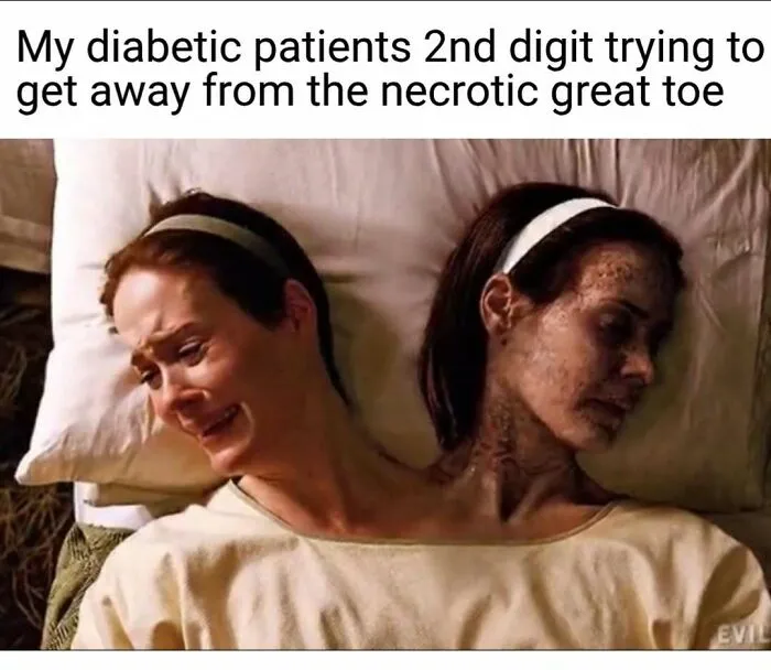 A two-headed character from American Horror Story, one head crying while the other sleeps. Relatable nurse meme.