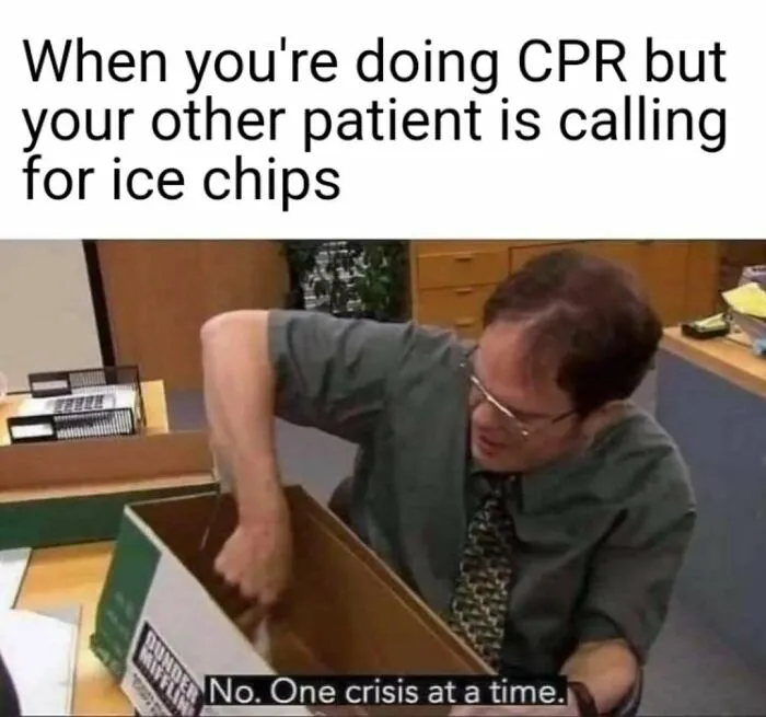 Dwight from The Office frantically searching a box, with a nurse meme caption above. Painfully relatable nurse memes.