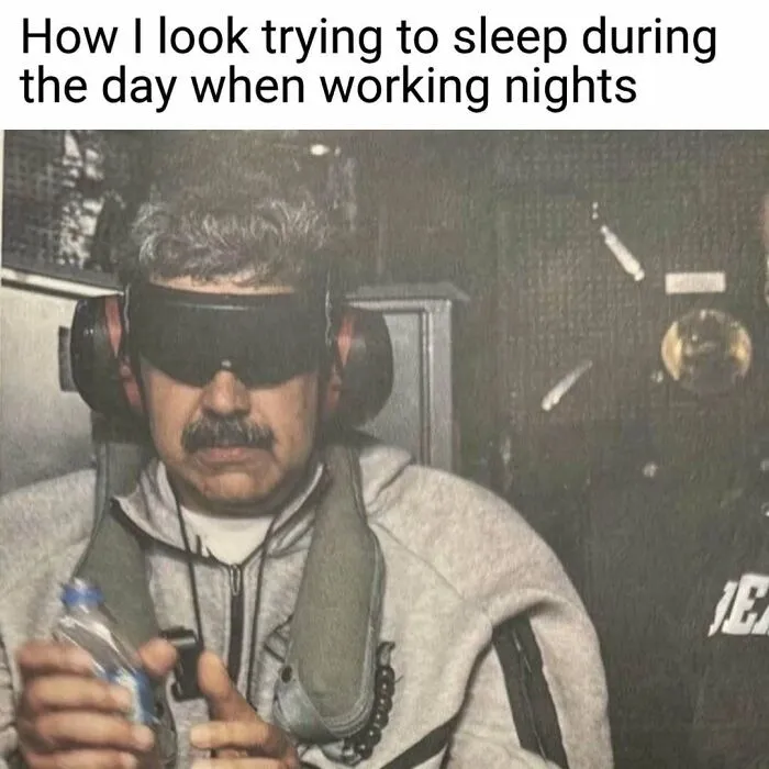 A man in a sleep mask and headphones, holding water. Relatable nurse memes depict hospital life and sleep struggles.