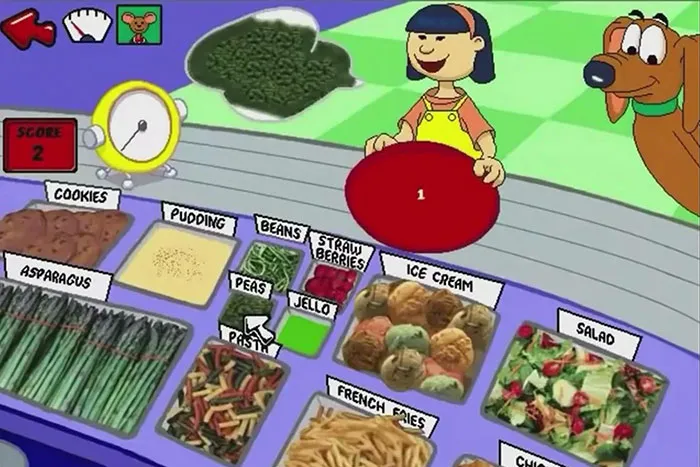 A colorful children's game interface showing a cartoon girl and dog at a buffet, stirring up nostalgia and making people take a trip down memory lane.