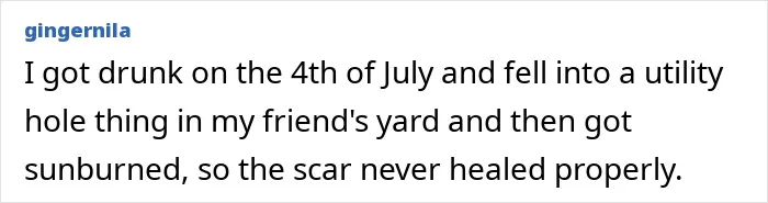 Screenshot of a social media post describing a stupid injury story involving a fall and lasting scar.