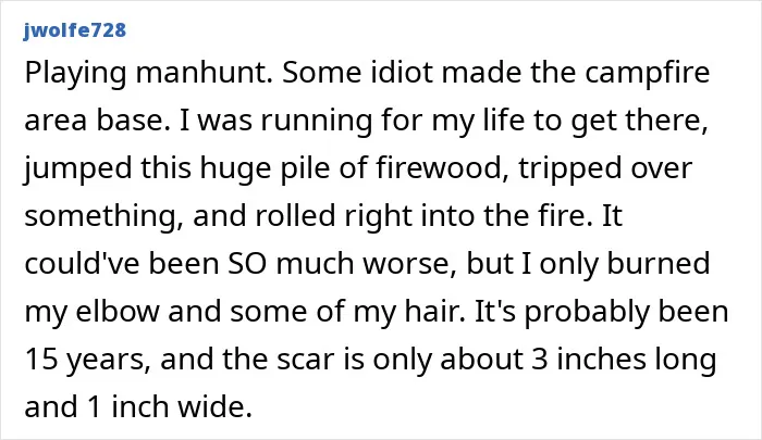 Screenshot of a personal story describing a painful and stupid injury while playing manhunt involving burns and a fire.