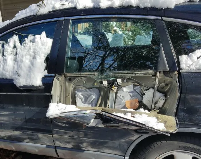 A Large Branch Fell Onto My Wife's Vehicle And Peeled Down The Door's Outer Panel Without Damaging The Glass Window