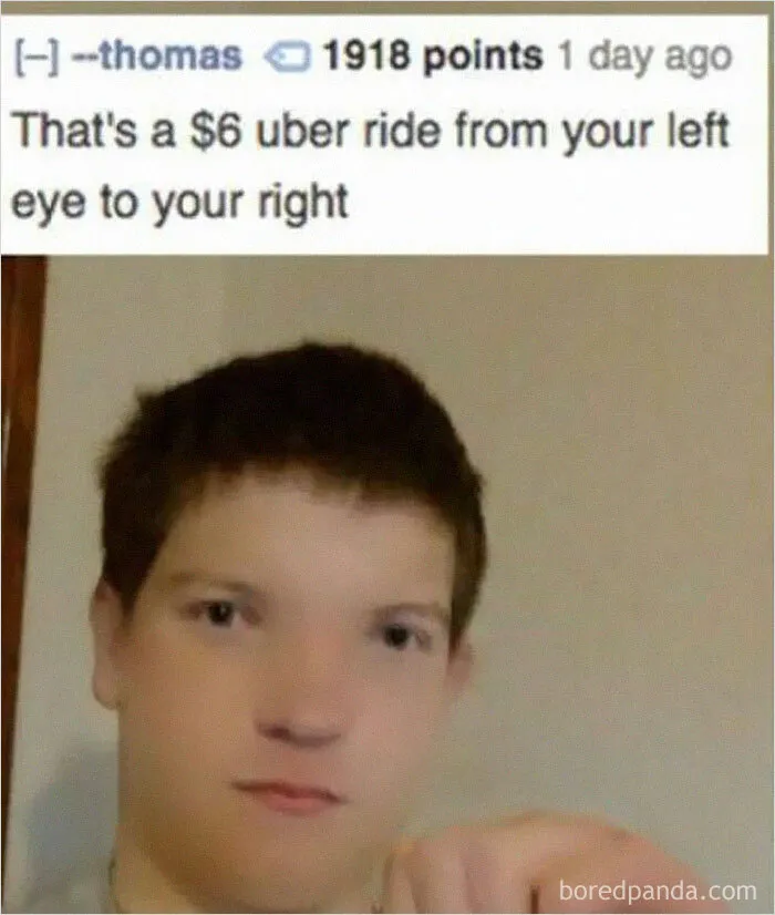 A Reddit post with a picture of a young man, commenting on his wide-set eyes. This is one of those rare burns.