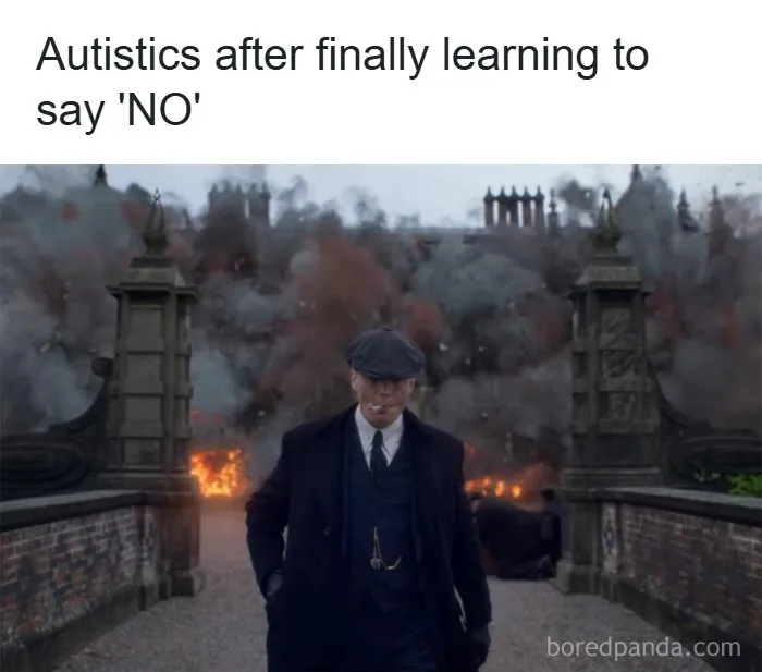 A man in a trench coat and flat cap walks away from an explosion. A relatable meme for anyone whose brain almost never follows the script.