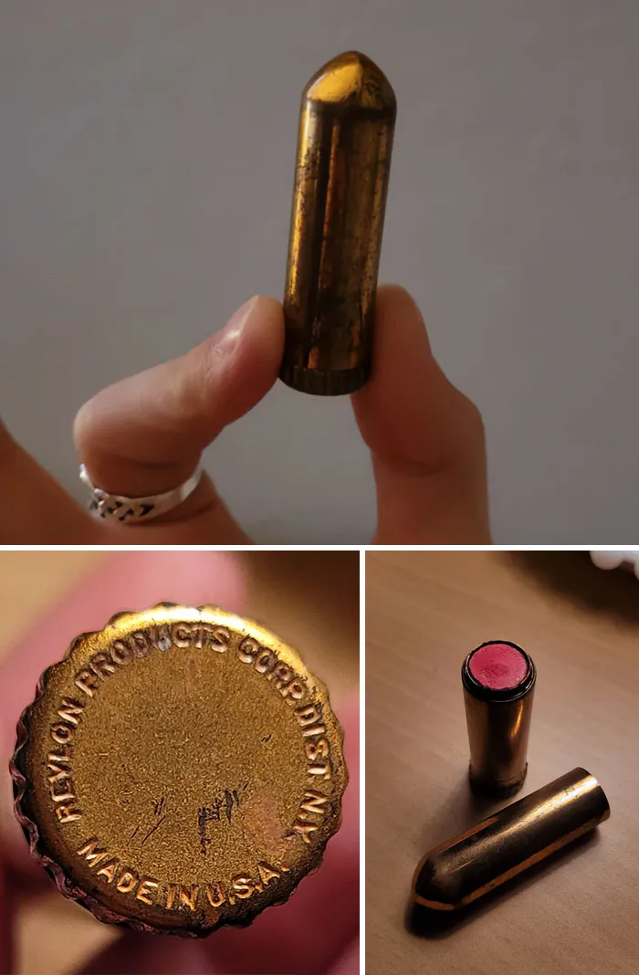 A gold bar shaped like lipstick, found in Goodwill bins. It shows Revlon branding and "MADE IN U.S.A."