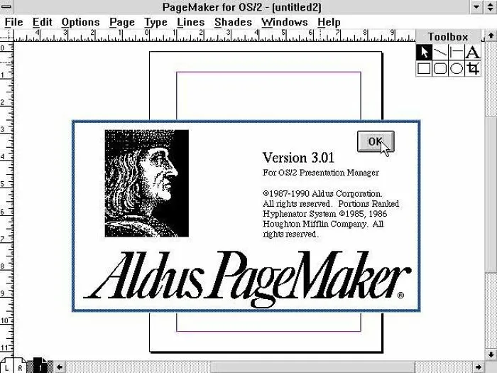 Aldus PageMaker for OS/2, version 3.01 splash screen. A nostalgic look, taking a trip down memory lane for early desktop publishing users.