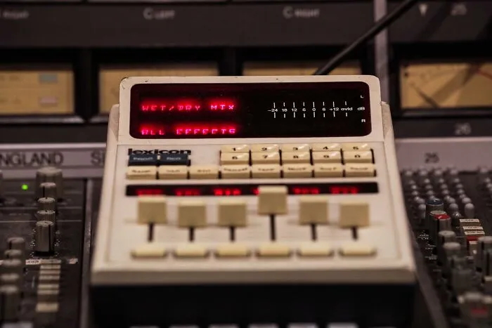 A close-up of a vintage Lexicon effects processor, part of an audio mixer, making people take a trip down memory lane.